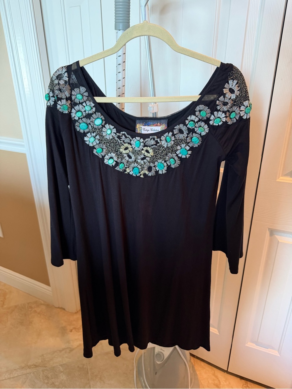 Johnny Was Black Long-Sleeve Dress with Turquoise Floral Embellishment